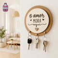Round wooden key hanger with three hooks and engraved lettering