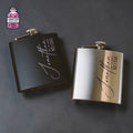 Black and silver engraved hip flasks with personalised script