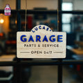 Small hanging wooden garage sign with a name and service wording