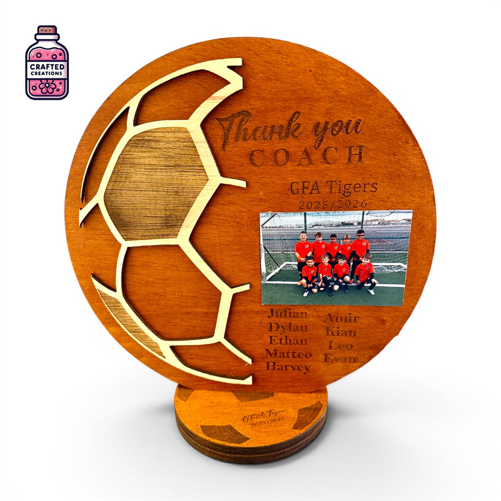 Round wooden thank-you coach award with a team photograph