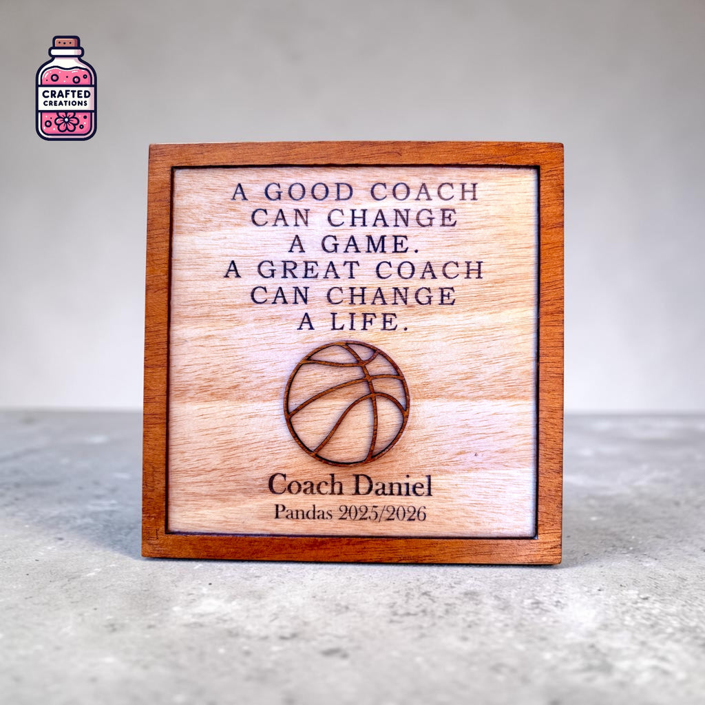 Framed wooden basketball coach thank-you plaque