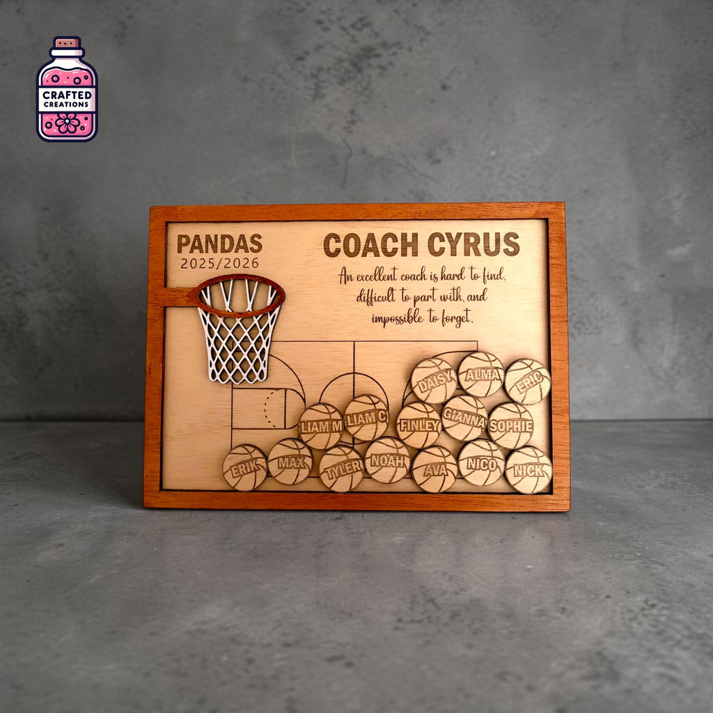 Wooden thank you coach plaque with basketball design and small balls