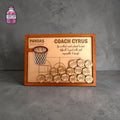 Wooden thank you coach plaque with basketball design and small balls