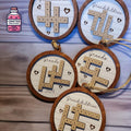 Round wooden Scrabble name Christmas ornaments with letter tiles