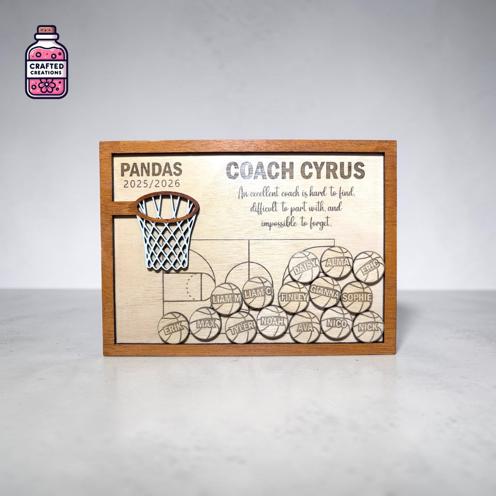 Wooden basketball coach thank-you plaque with engraved team names