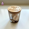 Glass dinner decision jar with engraved wooden lid and meal discs